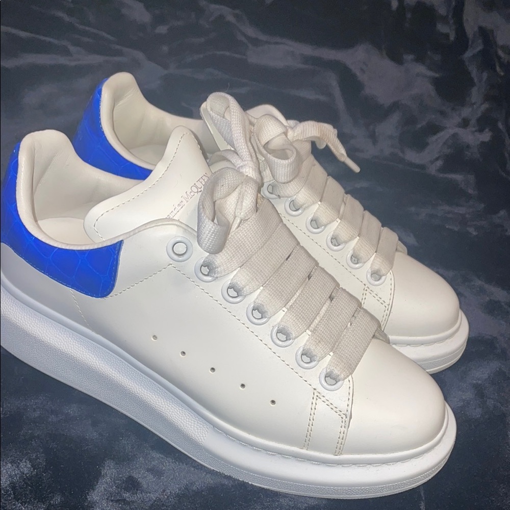 Alexander McQueen White and Vibrant Blue Sneakers
